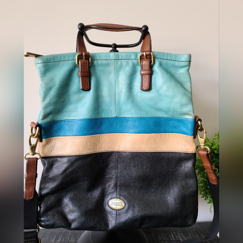 Fossil Colorblock Leather Crossbody Tote - Teal, Blue, Tan, Black